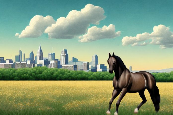 A morgan horse in a field with a backdrop of the george skyline