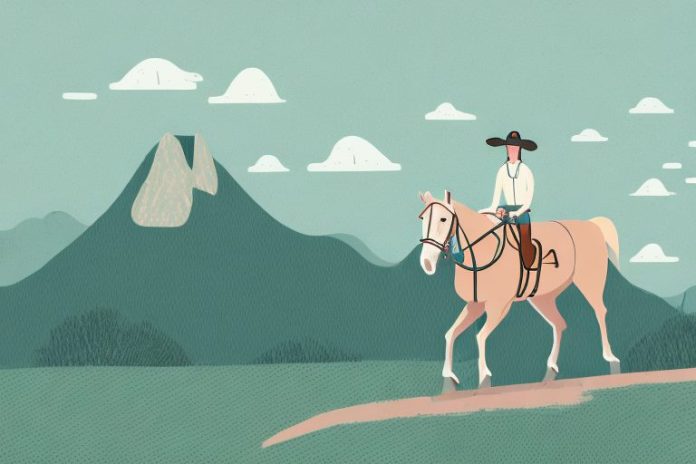 A horse and rider in a mountainous landscape in newcastle