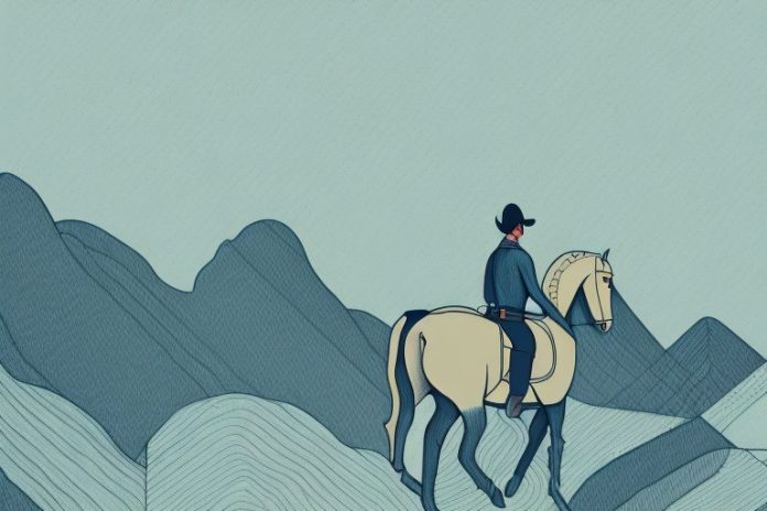 A horse and rider in a mountain landscape