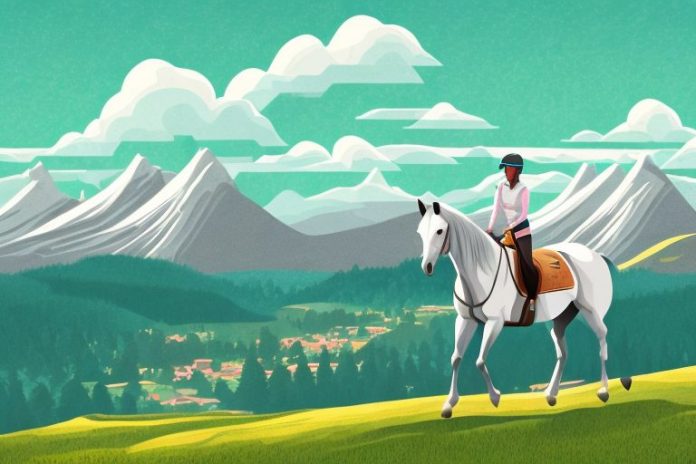 A horse and rider in a mountain landscape