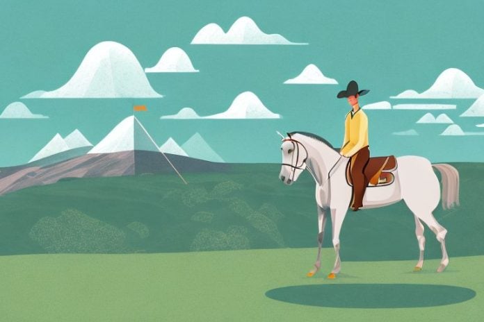 A horse and rider in a mountain setting