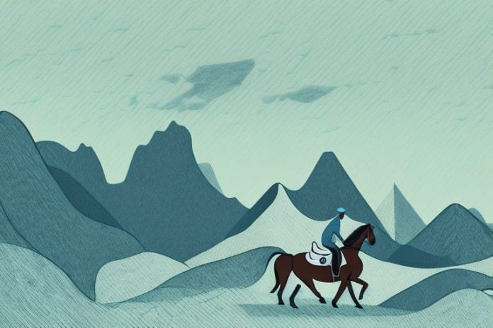 A horse and rider in a mountain landscape