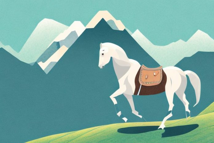 A horse in a mountain landscape with a saddle on its back