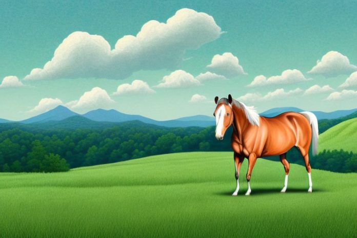 A kentucky mountain saddle horse in a rural setting with rolling hills in the background