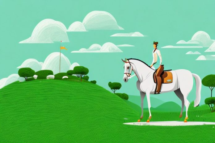 A horse and rider atop a hill in a lush green landscape