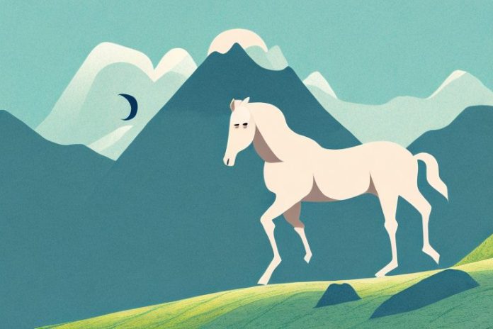 A horse in a mountain landscape with a saddle on its back