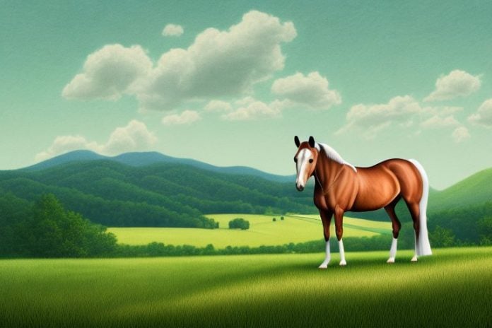A kentucky mountain saddle horse in a rural landscape with rolling hills
