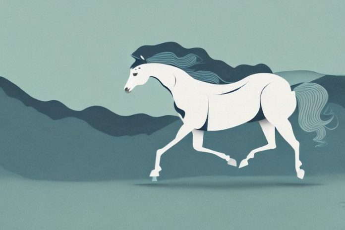 A horse galloping through a mountainous landscape