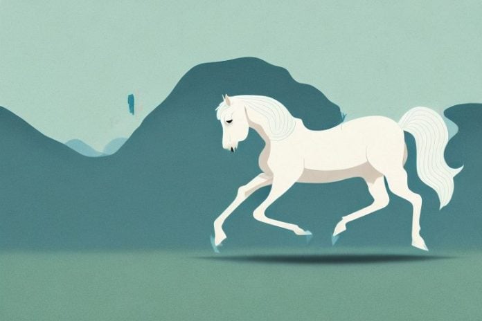 A horse galloping through a mountainous landscape