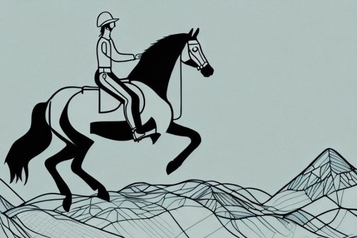 A horse and rider galloping through a mountainous landscape