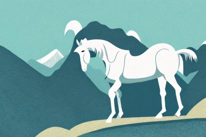 A horse standing in a mountain landscape with a saddle on its back