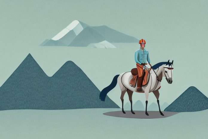 A horse and rider in a mountainous landscape