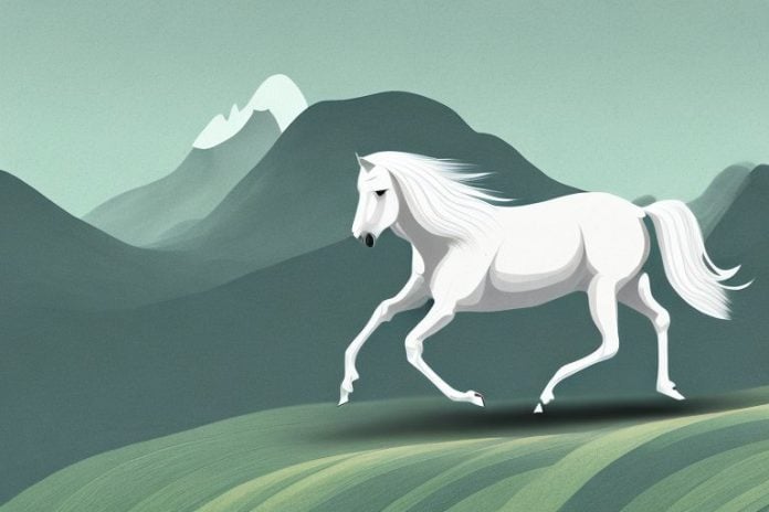 A horse galloping through a mountainous landscape in secunda