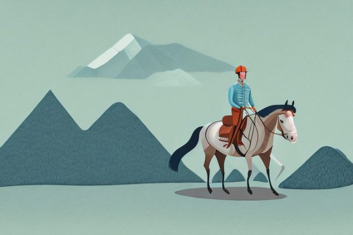 A horse and rider in a mountainous landscape