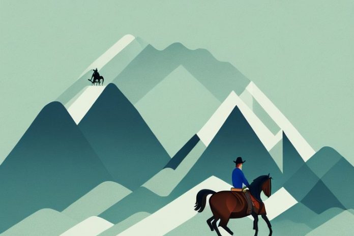 A mountain landscape with a horse and rider in the foreground