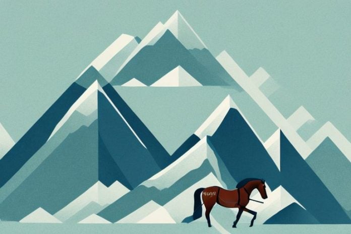 A mountain landscape with a horse and saddle in the foreground