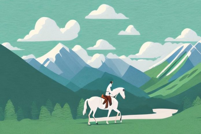 A horse and rider in a mountainous landscape