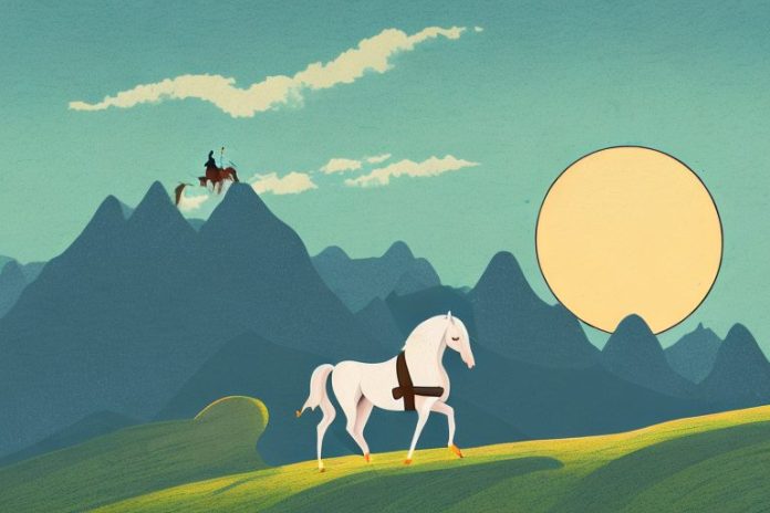 A horse and rider in a mountainous landscape
