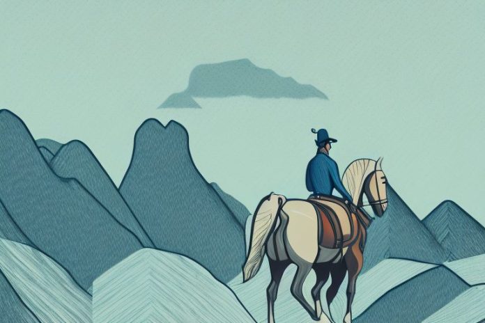 A horse and rider in a mountain landscape