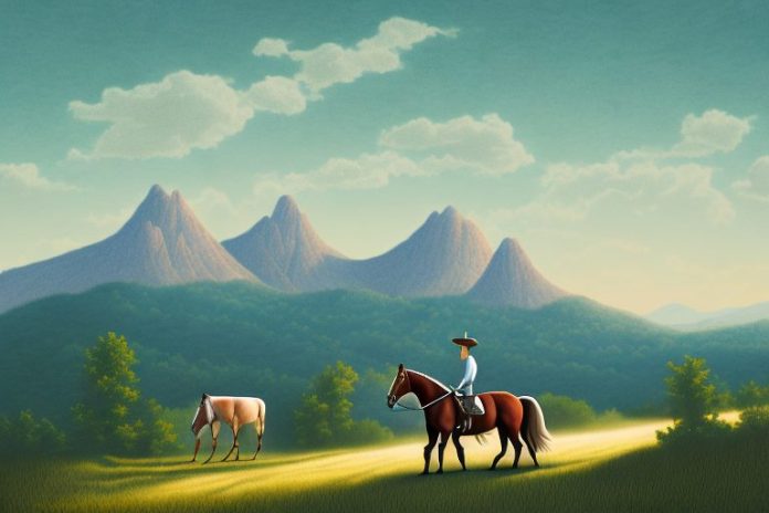 A kentucky mountain saddle horse in a rural landscape with mountains in the background