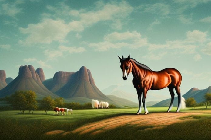 A kentucky mountain saddle horse in a rural landscape in springbok