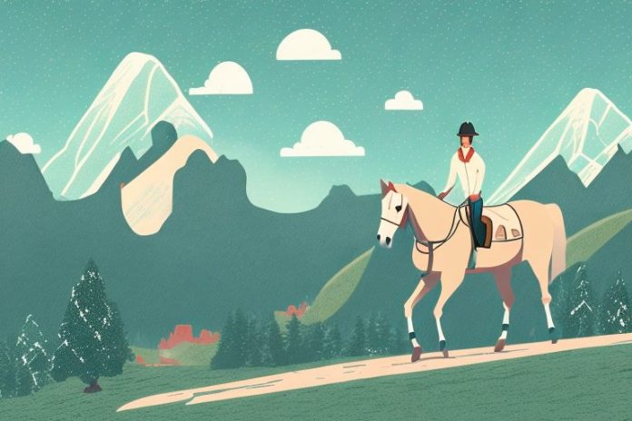 A horse and rider in a mountain landscape