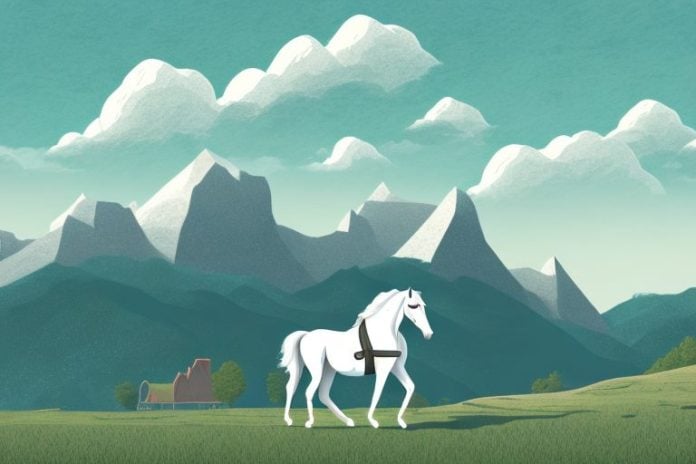 A horse and rider in a mountainous landscape