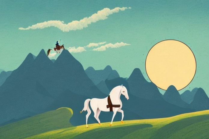 A horse and rider in a mountainous landscape
