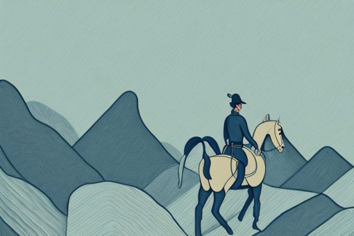A horse and rider in a mountain landscape