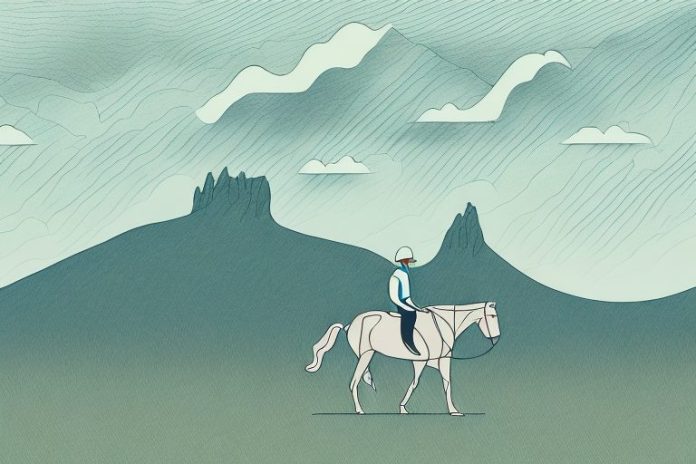 A horse and rider in a mountainous landscape in orkney