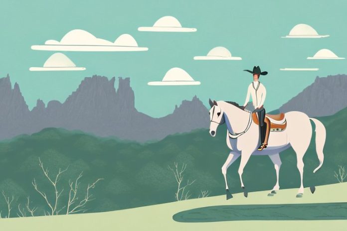 A horse and rider in a scenic mountain landscape in hartbeespoort