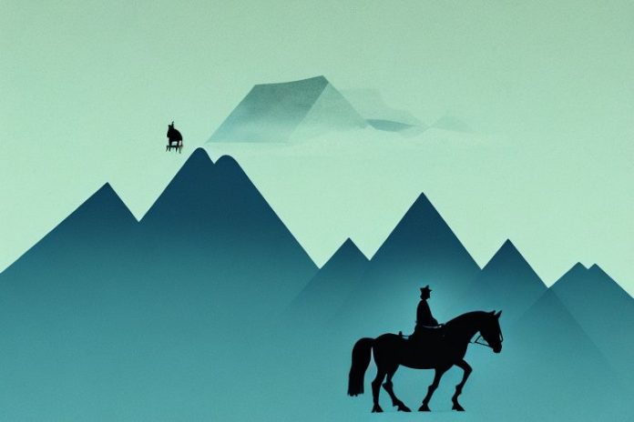 A mountain landscape with a horse and rider silhouetted against the horizon