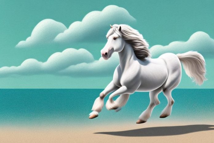 A clydesdale horse galloping through a beach landscape