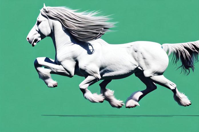 A majestic clydesdale horse galloping across a grassy field in empangeni