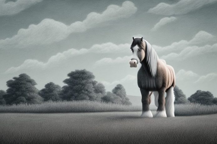 A clydesdale horse standing in a rural landscape in mthatha