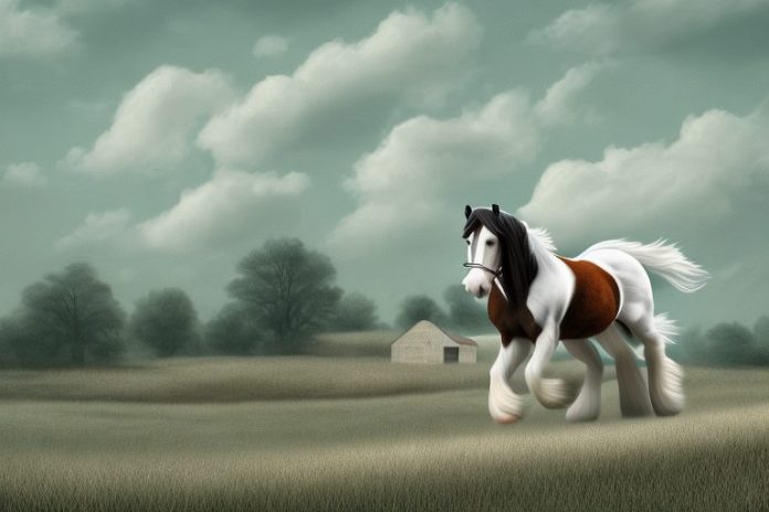 A clydesdale horse being ridden in a rural landscape