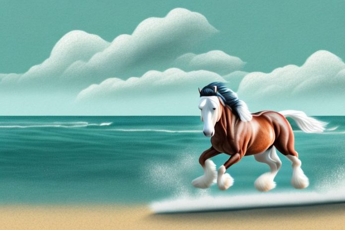 A clydesdale horse galloping through the beach landscape of jeffreys bay