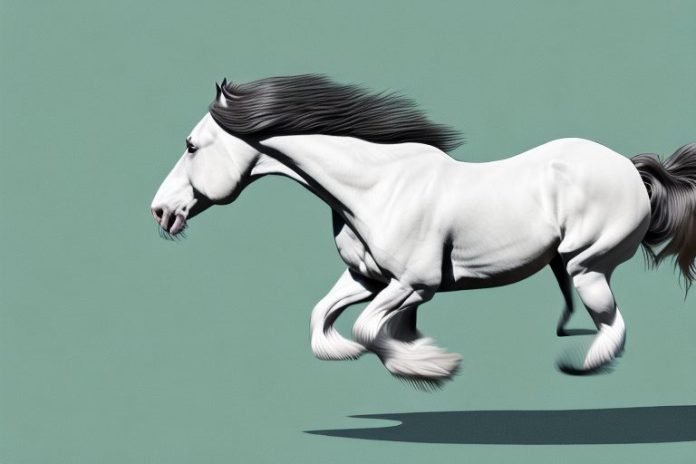 A clydesdale horse galloping through a virginia landscape