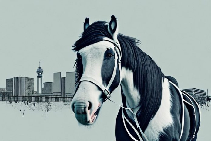 A clydesdale horse in a johannesburg landscape