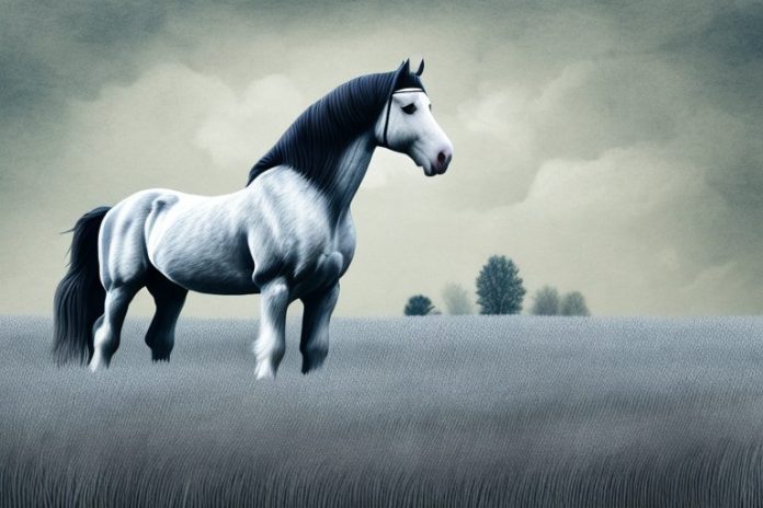 A clydesdale horse standing in a field at kempton park