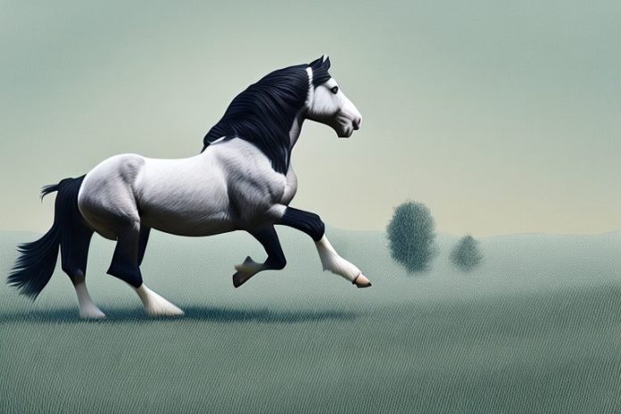 A clydesdale horse galloping through a rural landscape in ermelo