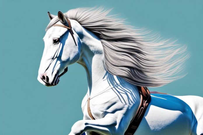 A clydesdale horse galloping through a hazyview landscape