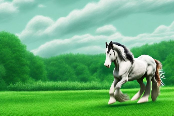 A clydesdale horse galloping through a lush