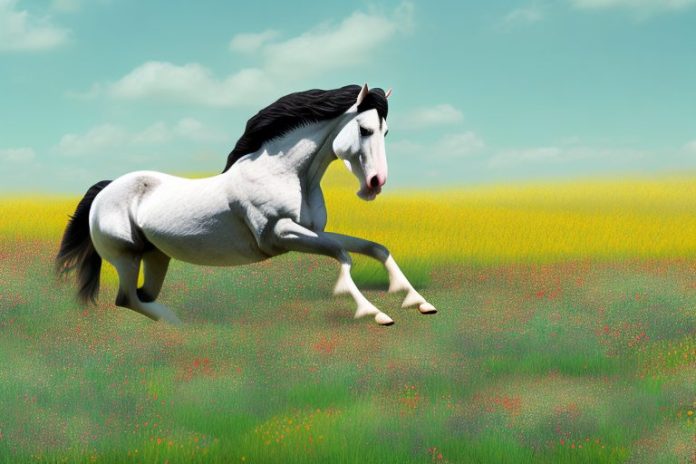 A clydesdale horse galloping through a field of wildflowers in springbok