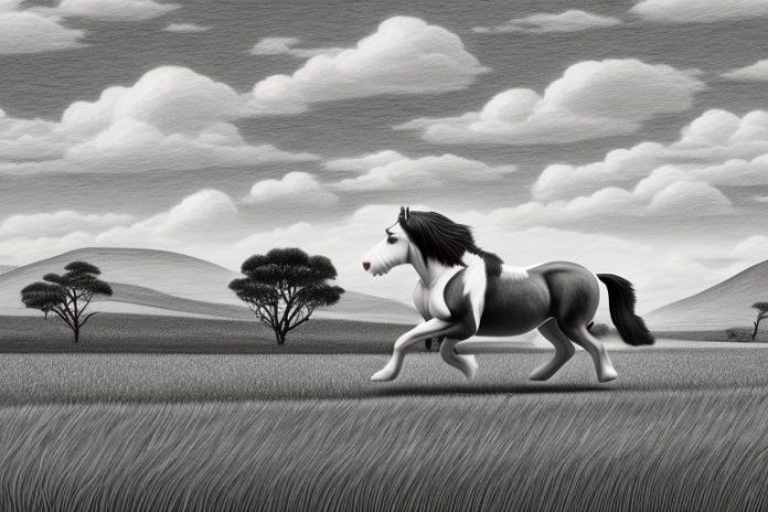 A clydesdale horse galloping through a rural landscape in george