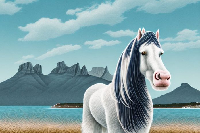 A clydesdale horse in a scenic outdoor setting in simon's town