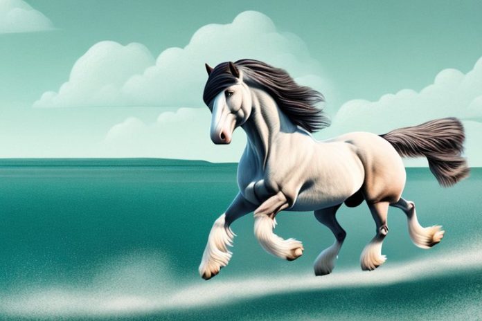 A majestic clydesdale horse galloping through a coastal landscape in mossel bay