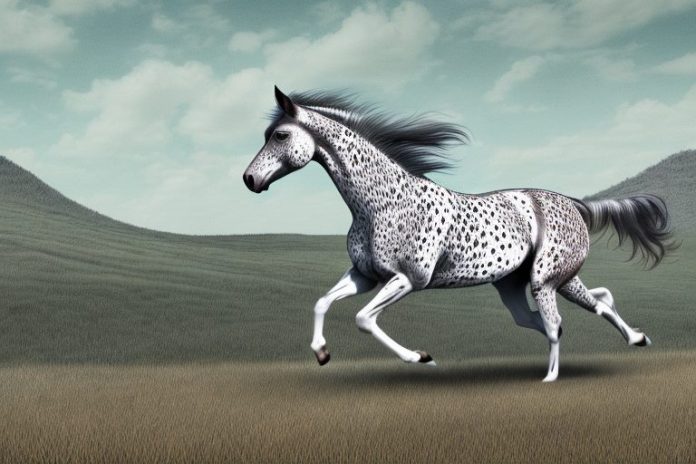 An appaloosa horse galloping through a scenic landscape in durban