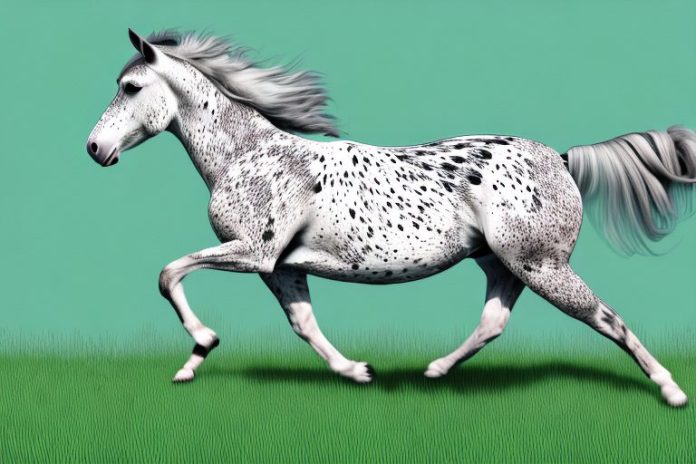 An appaloosa horse galloping through a grassy field