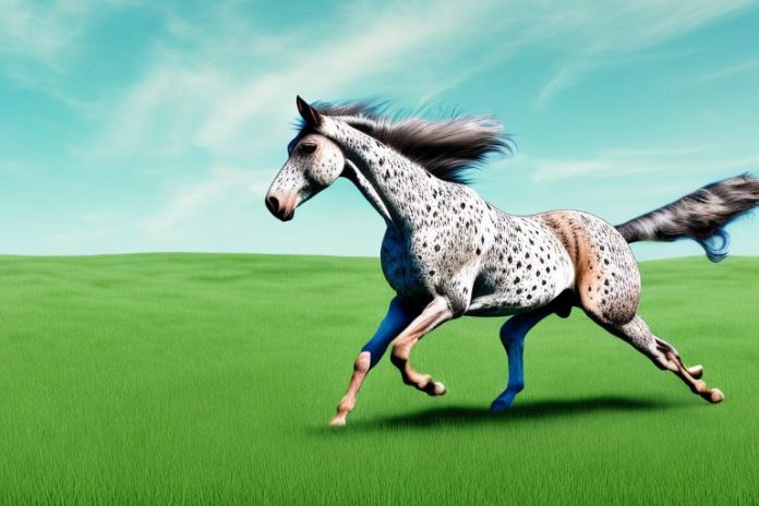 An appaloosa horse galloping through a grassy landscape in amanzimtoti
